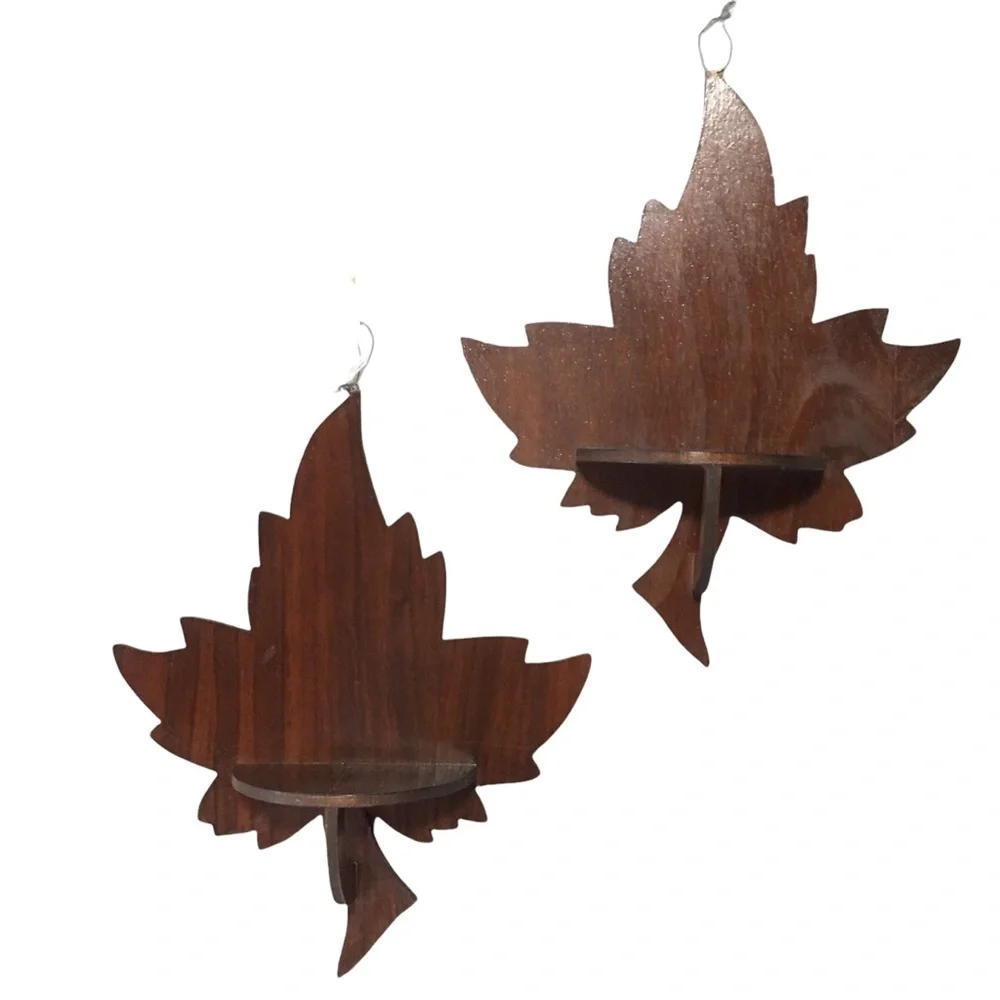 Vintage Handmade Wooden Maple Leaf Wall Floating Shelves - Brown Set of 2